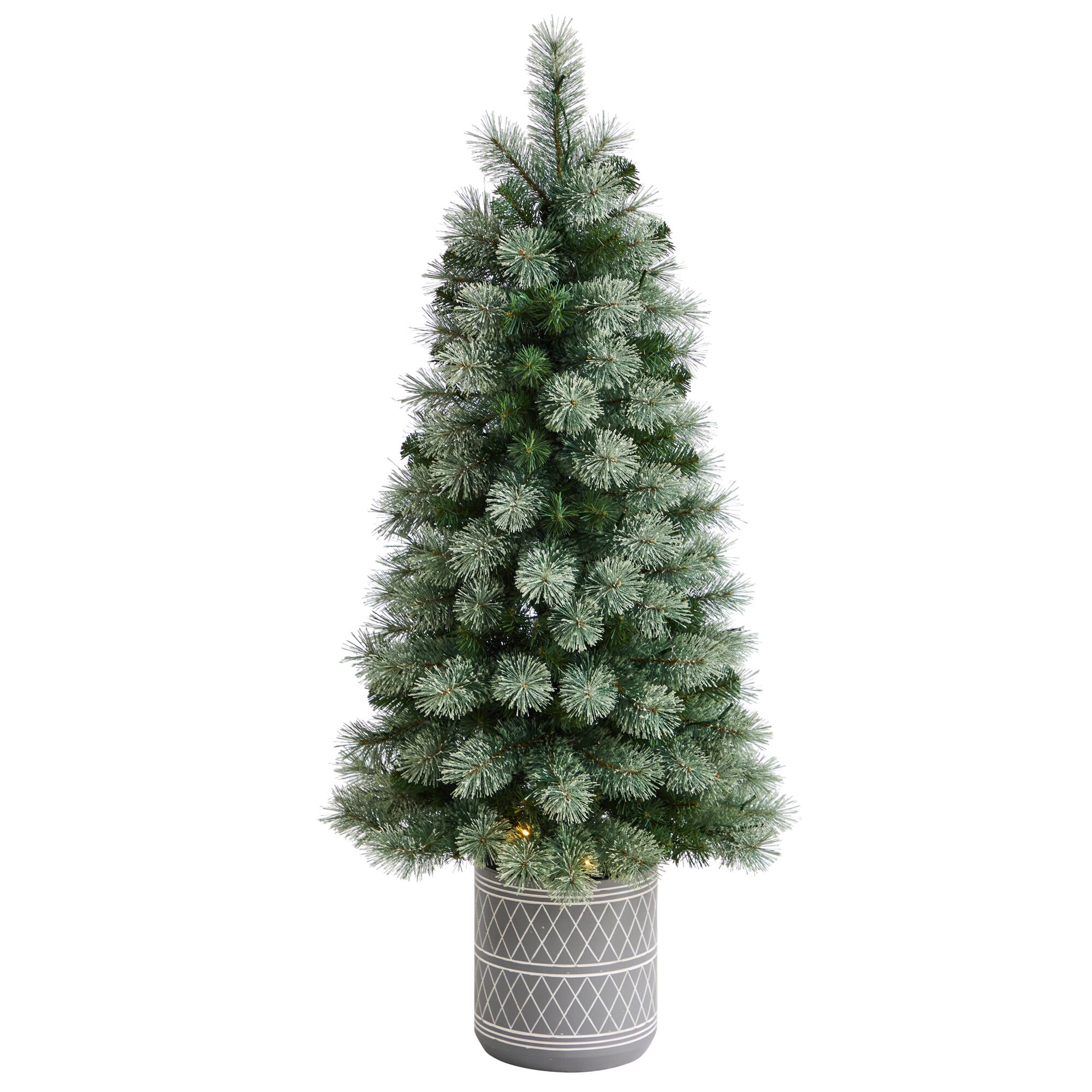 4.5ft. Pre-Lit Nova Scotia Pine Artificial Christmas Tree in Engraved Geometric Stone Planter, Warm White LED Lights